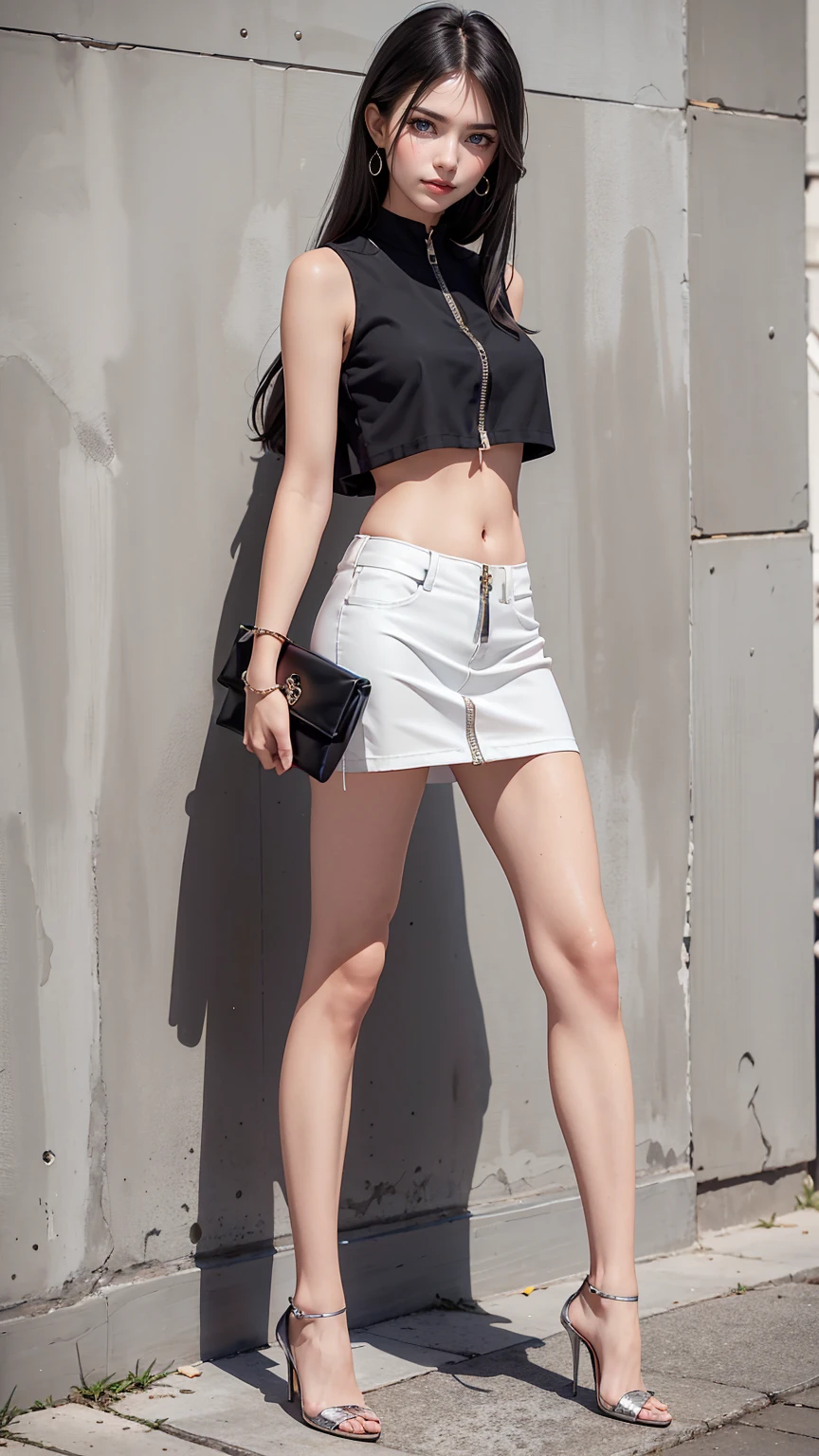 26 year old Caucasian female、Wear a black sleeveless zipper-up top、Navel visible、Lower milk visible、Wear a low-rise black mini skirt、Wear stiletto heels、Have a clutch bag、long hair、Silver Hair、smile、Leaning against an old concrete wall