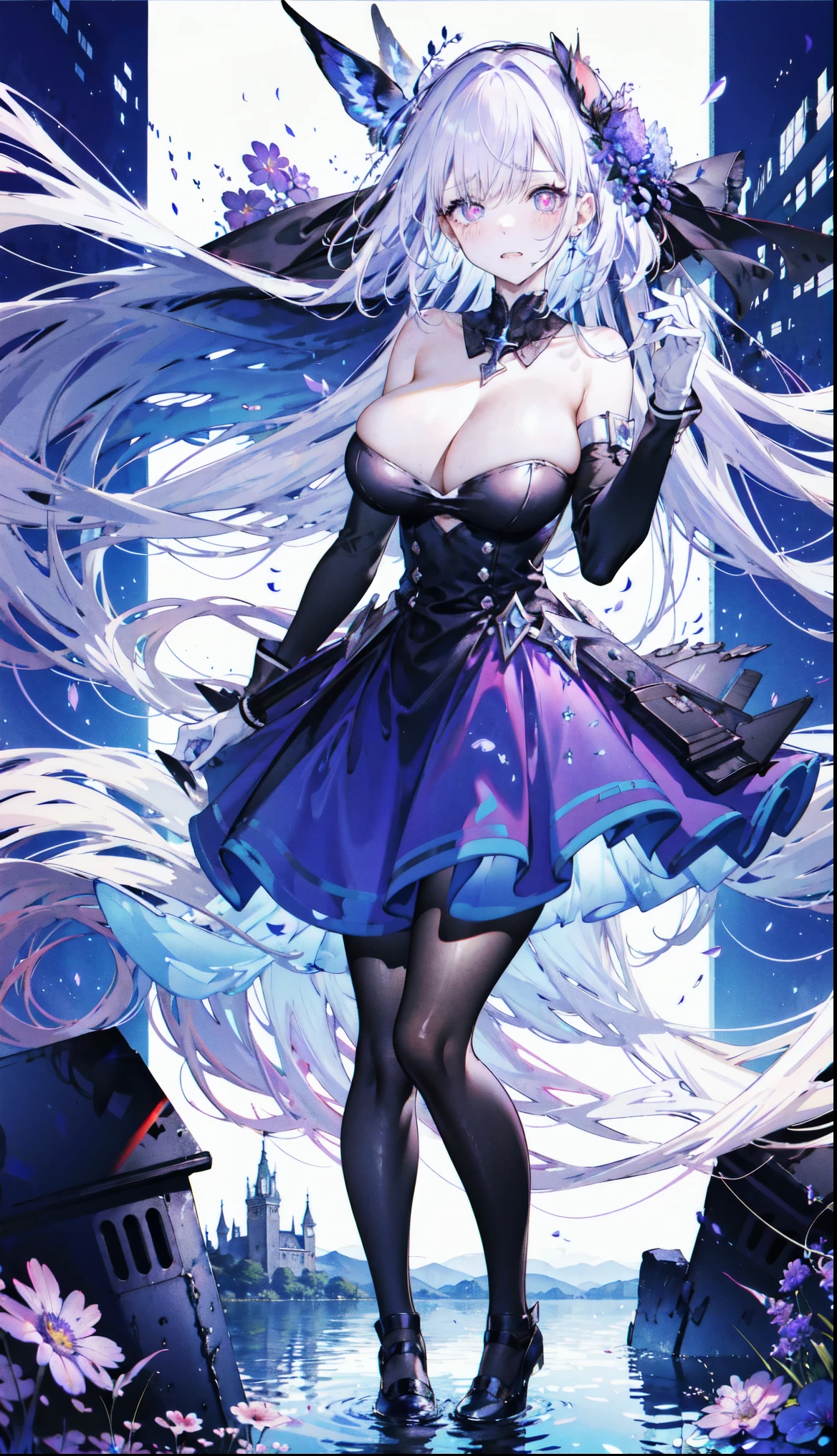 （（masterpiece：1.4，best quality）），（Super detailed），（Extremely detailed eyes），（black leggings，Shiny socks：1.5），Hello Darkness
（Cute girls），，（Blood-red pupils，Diamond-shaped pupil：1.15），Purple Eyeshadow，（elongated hair，Thick hair，Single ponytail，shiny hair：1.5）（Changes through：1.2），White skin，despair，sad，Empty eyes，tears streaming down my face，tilting its head to the side，
（She wore a blue dress，：1.5），（Black gloves：1.4）Very long plush sleeves，White，White Cloud，Dream bubbles ，Ice and glitter effects
（Black long skirt：1.1），
（dawn：1.2），
（Intense black and white：1.16），（Depth of Field：1.4），，Intricate details，(((Castle in the Sky，Standing by the lake，Purple flowers by the lake)))，(((Huge breasts，Bare breasts，Deep cleavage)))