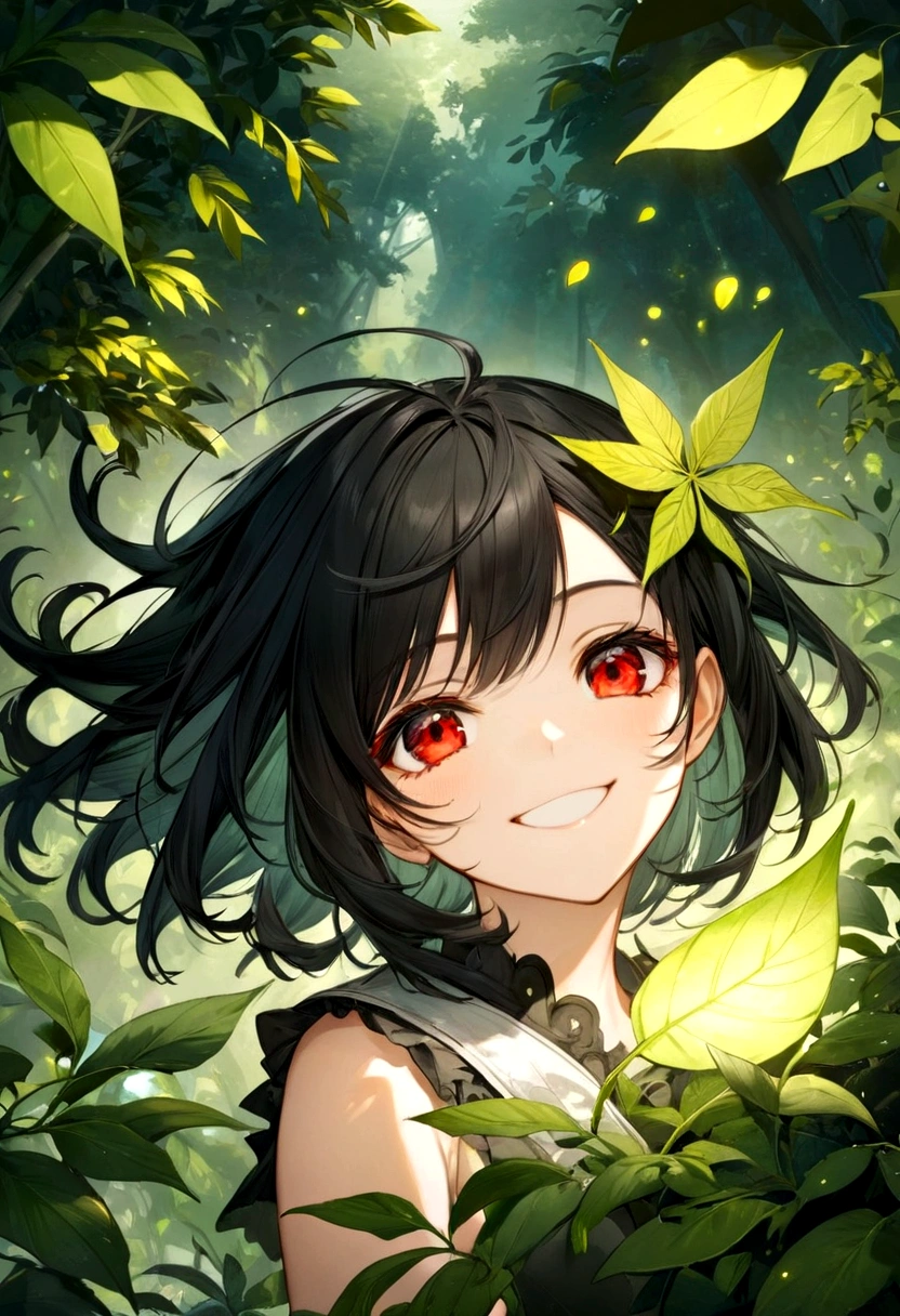 Female, Smiling, unique Black Hair, Red Eyes, Leaf as an element