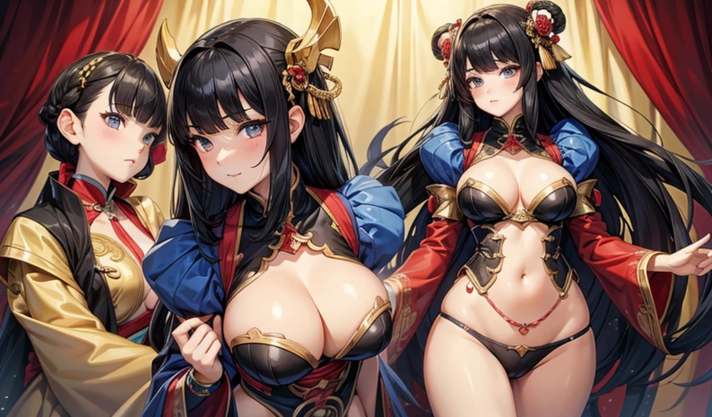 Beautiful girl with black hair and smooth bangs,hairpin,flat chest,cleavage,Thong,imperial concubine clothing,Large sleeves,