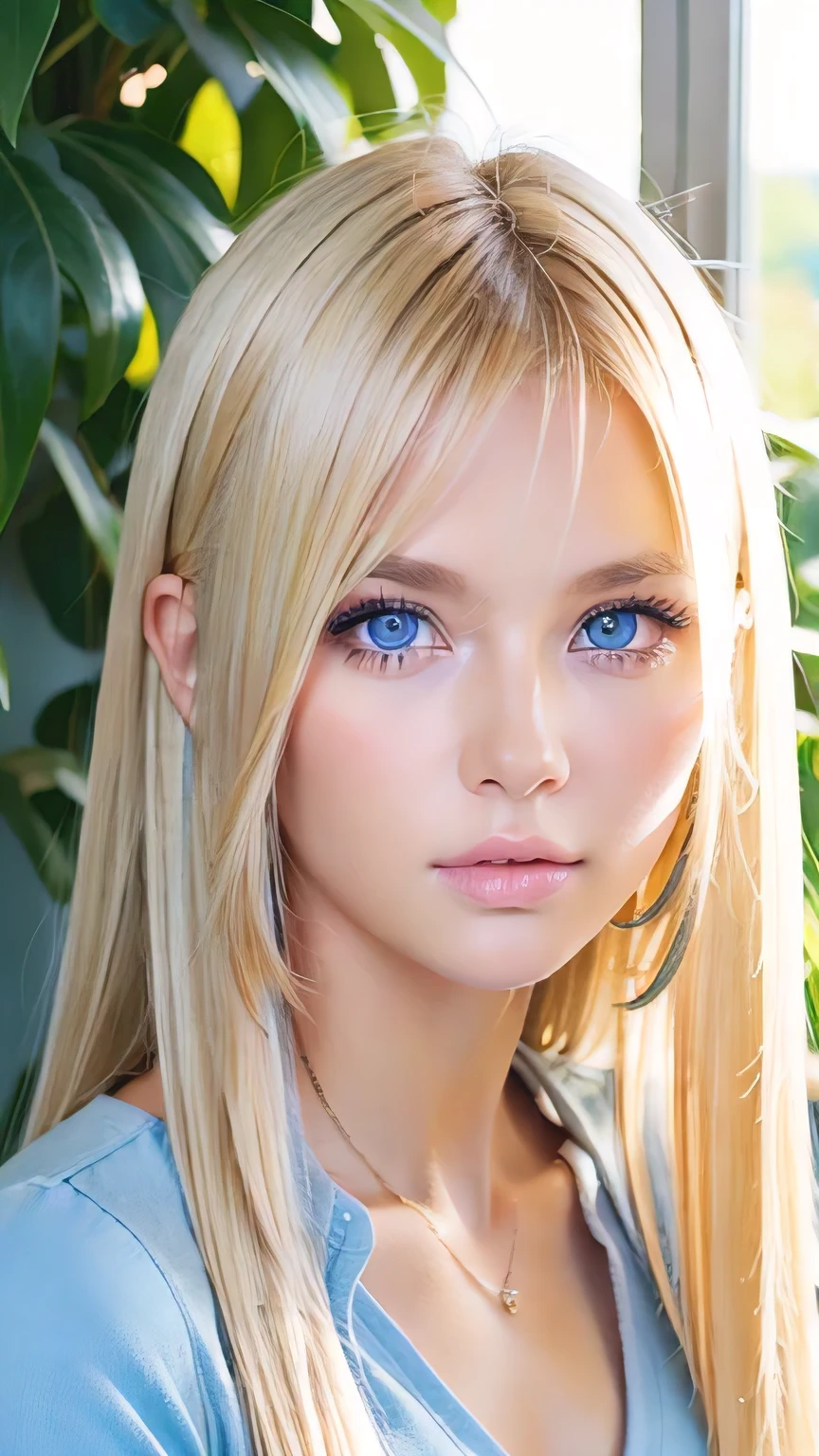 Shiny, Beautiful white skin、Hair color changes with light、Long bangs obstruct the view、Cheek gloss highlighter、Sexy and very beautiful, Ladylike, cute, Gorgeous face、The most beautiful face in the world、The most beautiful super long blonde hair in the world、Smooth, Straight Hair、Bright light blue eyes, lighting equipment、Beautiful pony、Beautiful 15 year old Swedish girl、Baby Face、Small Face Girl、Round face