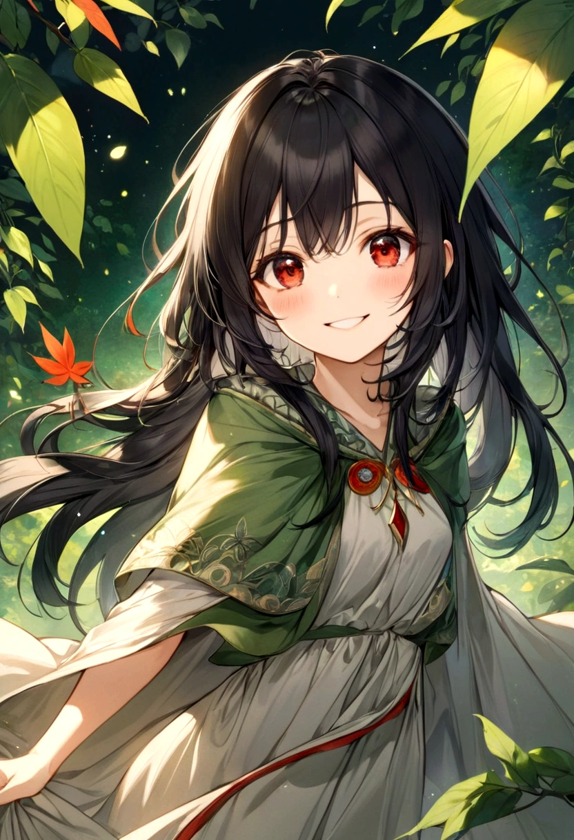 Female, Smiling, long Black Hair, Red Eyes, Leaf as an element