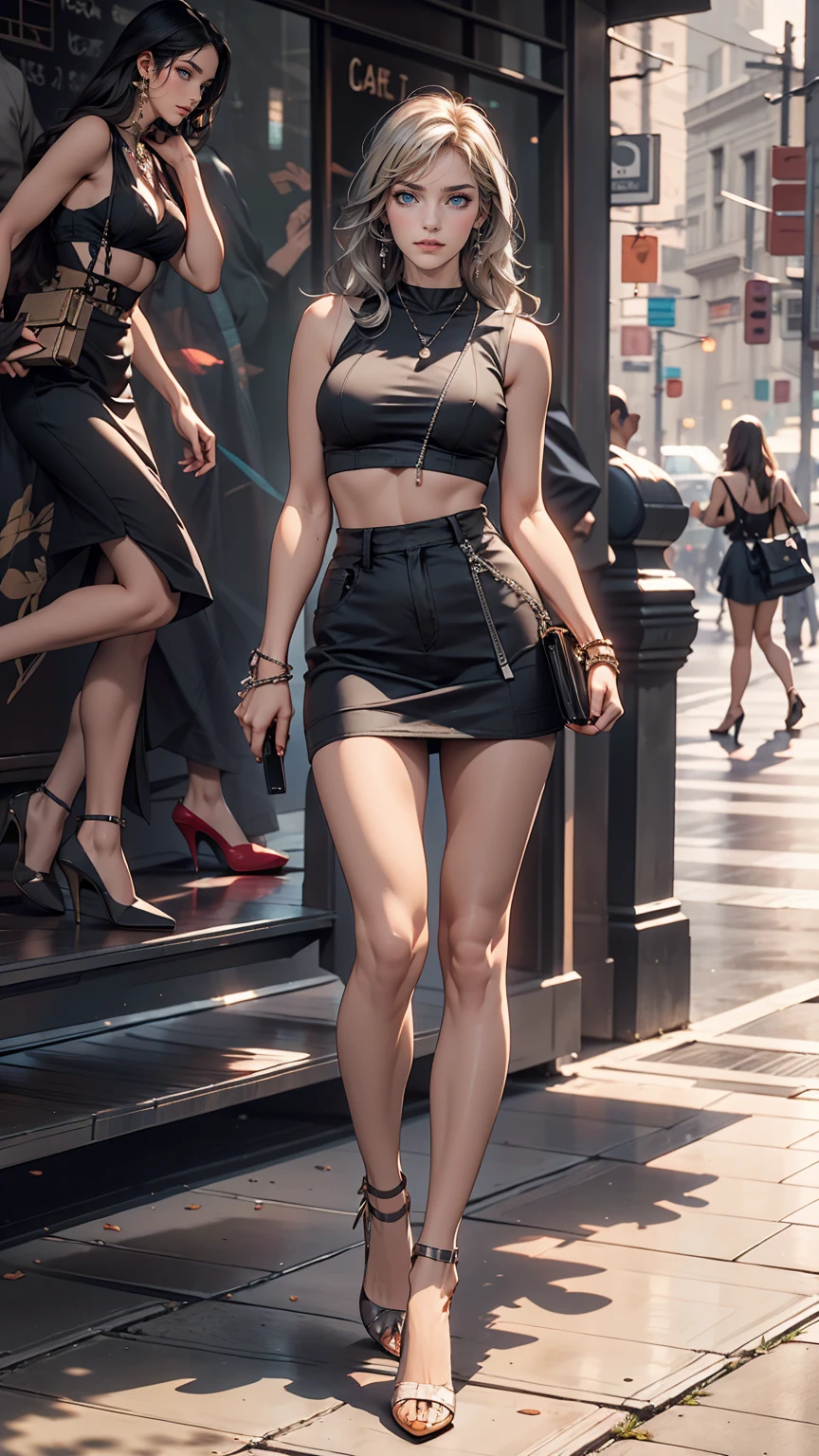 26 year old Caucasian female、Wear a black sleeveless zipper-up top、Navel visible、Lower milk visible、Wear a low-rise black mini skirt、Wear stiletto heels、Have a clutch bag、long hair、Silver Hair、smile、Leaning against an old concrete wall