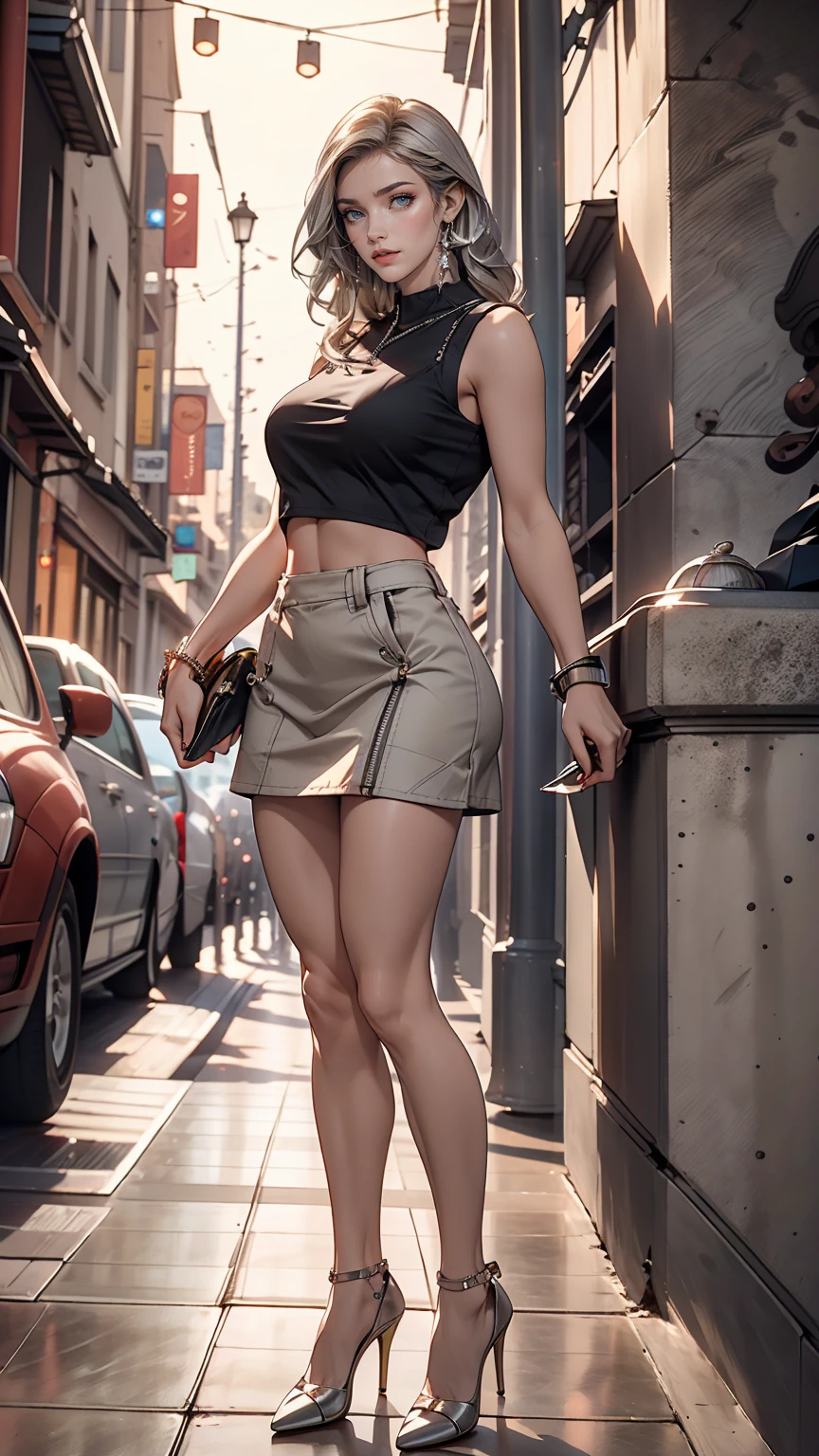 26 year old Caucasian female、Wear a black sleeveless zipper-up top、Navel visible、Lower milk visible、Wear a low-rise black mini skirt、Wear stiletto heels、Have a clutch bag、long hair、Silver Hair、smile、Leaning against an old concrete wall