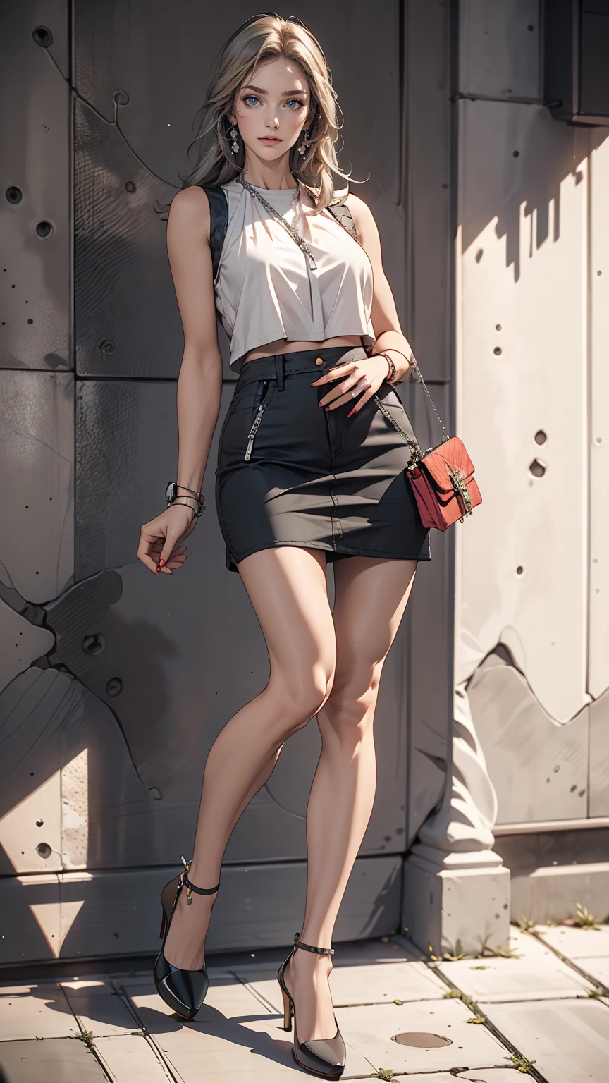 26 year old Caucasian female、Wear a black sleeveless zipper-up top、Navel visible、Lower milk visible、Wear a low-rise black mini skirt、Wear stiletto heels、Have a clutch bag、long hair、Silver Hair、smile、Leaning against an old concrete wall