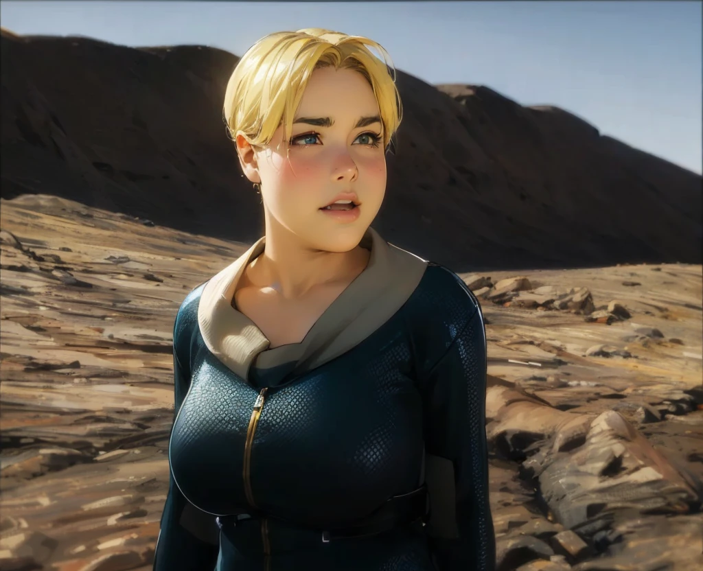 highly detailed and ultra-realistic anime portrait of a chubby young woman standing in a rugged, desert-like landscape. She has short, golden blonde hair. Her eyes are a vibrant green, expressive and piercing, with finely detailed eyelashes and eyebrows. She has a fair chubby complexion with subtle, natural skin texture and a slight blush on her cheeks. She is wearing a form-fitting, futuristic dark blue jumpsuit with a high collar and a front zipper, made of a textured, high-tech fabric that reflects the light subtly.