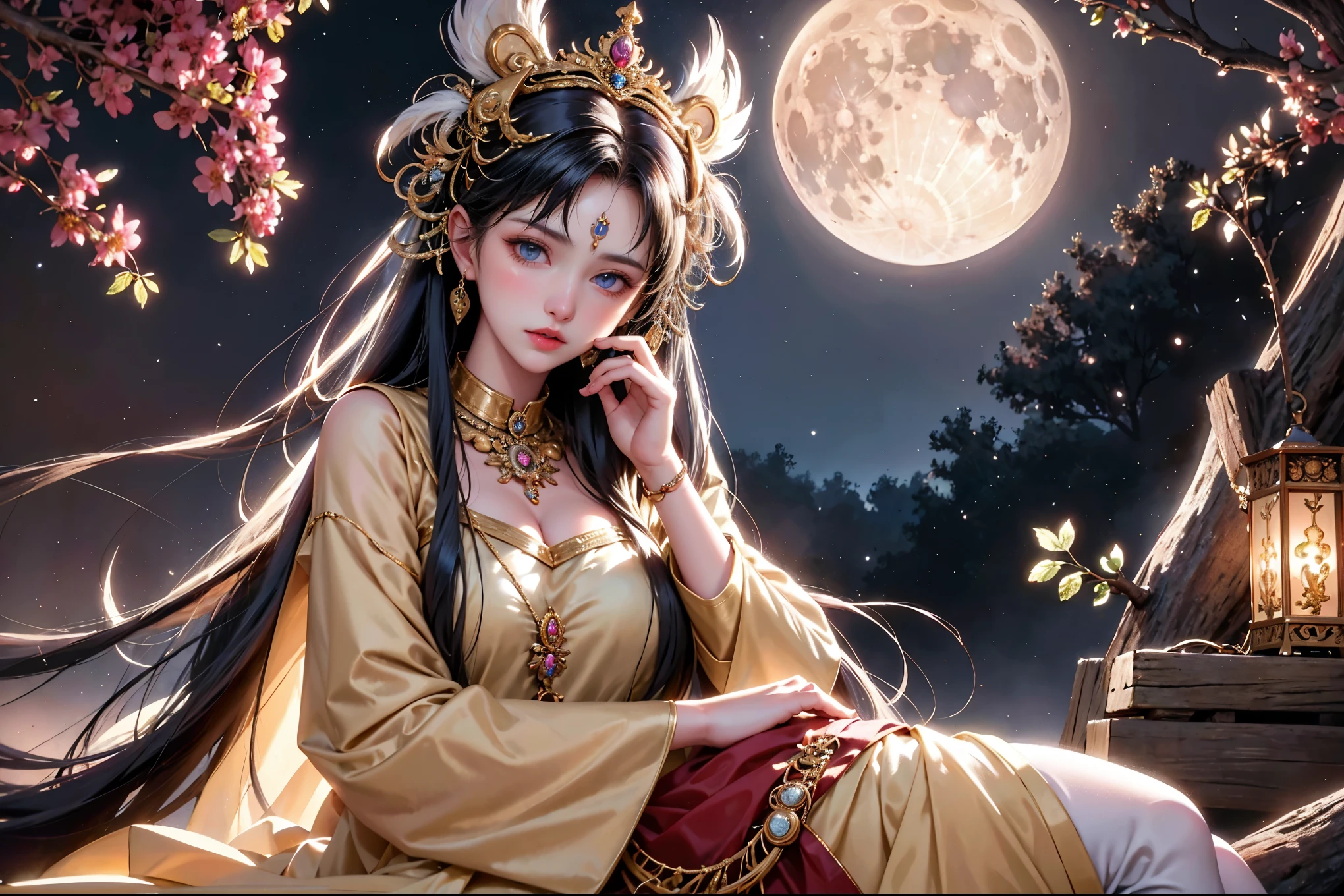 High quality, high resolution, HDR, fantasy world view, perfect and detailed poster. A realistic photo of a beautiful woman captured in detail. She is wearing tiger fur as clothing, a large peacock feather headpiece as a hair ornament, sitting on the trunk of a large tree and looking at the camera. She has deep red lipstick and is very wild. It fully shows the charm of an Amazonian woman, blending with nature and standing out. The background is a night view, and the light of the moon and river in the wilderness of the forest is depicted very fantastically.