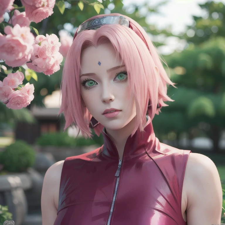 young woman, pale skin, short bubblegum pink hair, wide forehead, emerald green eyes, buttoned nose, peach lips, heart-shaped face, slender, red clothes, Sakura Haruno, 3d, realism, angelic face, maya in net
