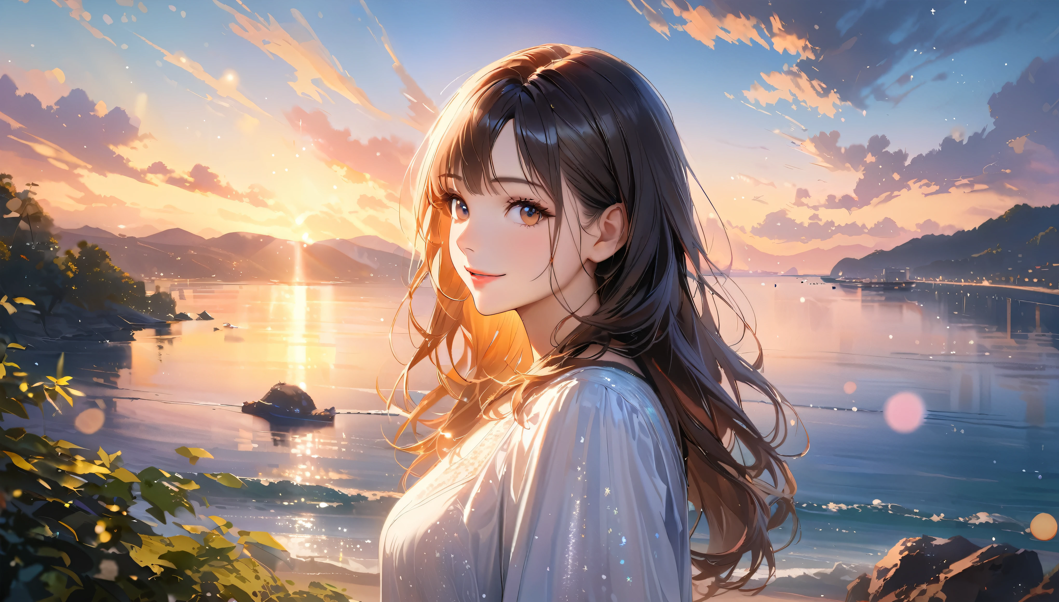 Sparkling waters and tranquil coastlines, Sunny sky with fluffy white clouds, Green trees along the coast々々々, Pleasant sea breeze. shape,Young woman with dark hair, smile,Glitter effect,highest quality, 4K, 8k, High resolution, masterpiece:1.2, Very detailed, Realistic:1.37, High resolution, 超High resolution, Studio Lighting, Ultra-fine painting, Sharp focus, Physically Based Rendering, Very detailed explanation, Professional, Vibrant colors, Bokeh, Portraiture, landscape, photograph. Blue dominates the color palette, Natural light scene