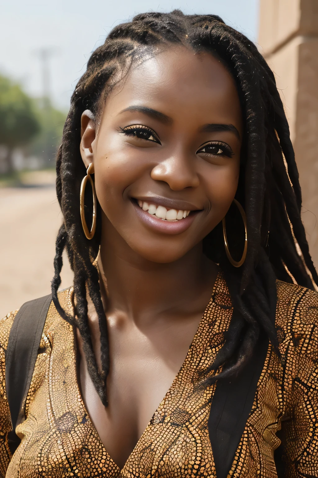 20A beautiful young woman、 (African woman, Black Hair、 An athletic body, Average breast size, Brown eyes, Skin beauty: 1.3), Dreadlocks、Ear piercing、blouse、smile, Beautiful teeth alignment、Intricate details, Very detailed:1.2), 、 Looking at the camera,Afro Hair