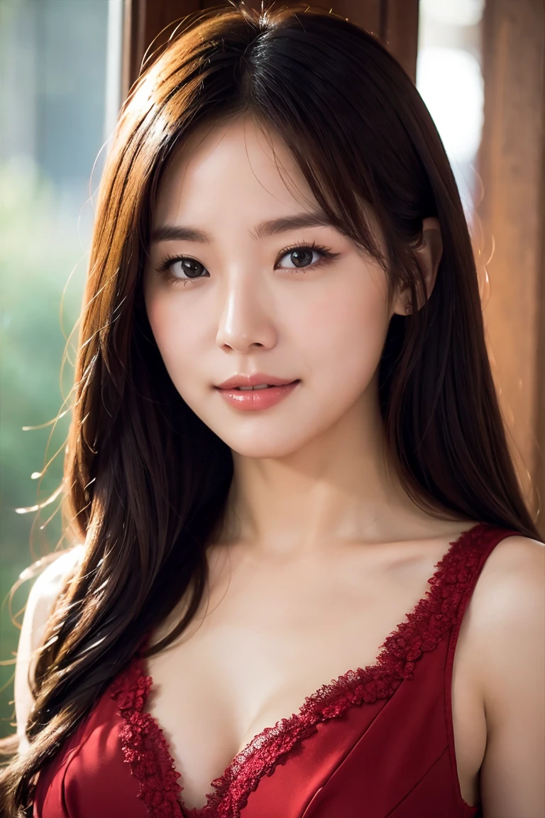 Medium Size Display, Medium Shot, Written boundary depth, Upper Body, Movie angle, masterpiece, highest quality, Very detailed, CG, 8k wallpaper, Beautiful Face, Delicate eyes, alone, smile, cute、red color dress