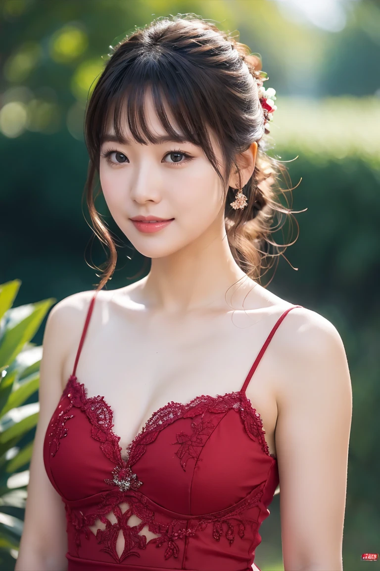 Medium Size Display, Medium Shot, Written boundary depth, Upper Body, Movie angle, masterpiece, highest quality, Very detailed, CG, 8k wallpaper, Beautiful Face, Delicate eyes, alone, smile, cute、red color dress