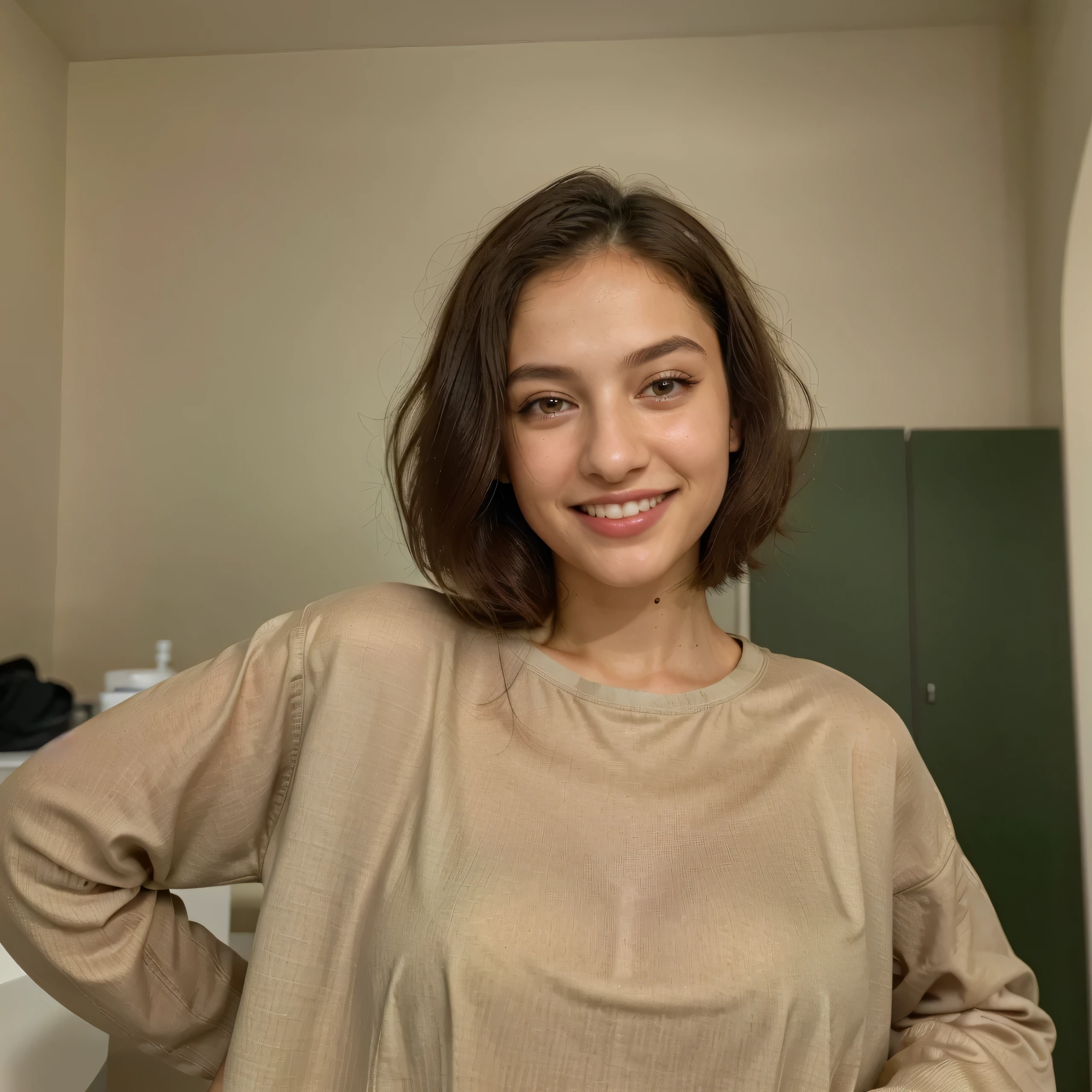 (8k, highest quality, ultra detailed:1.37, mid-range image),1girl, 18yo, modest clothes, dentist clinic, setting on the dentist chair, light green eyes, small head, acne,bad skin,small nose, acne skin, real, thick hair, super realistic detailed eyes, super realistic detailed teeths, a stylish Palestinian women, modest, wearing a long plain black t-shirt, attractive smile, white teeth, showcases her unique fashion sense in a trendy setting. The high-resolution image captures ultra-detailed realism, highlighting confident pose, captivating eyes, big eyes, and flawless complexion.