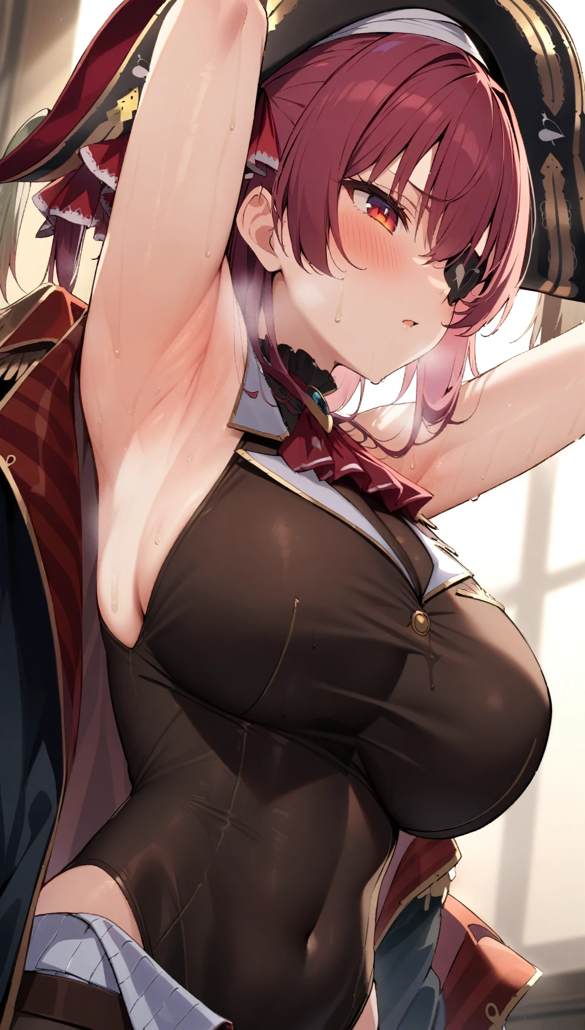 (masterpiece:1.2), hyper detail, best quality, (intricate_details:1.1), beautiful detailed, beautiful hair, solo, 1girl, ANIME COLORING,marine_pirate, hair ribbon, red ascot, belt, leotard under clothes, covered navel, black leotard, sleeveless, black coat, pirate hat, eyepatch, red eyes,blurry_background,sweating,greasy shoulder,from below,looking side,flipped hair,armpit,greasy armpit,from side, shoulder focus,((armpit focus)),bare shoulder,upper body,((greasy armpit)),((smooth armpit)),((Pupil details)),backlighting,((Stretch oneself)),((Detailed armpit)),((elastic armpit)),((soft armpit)),pov,covered cleavage,big breasts