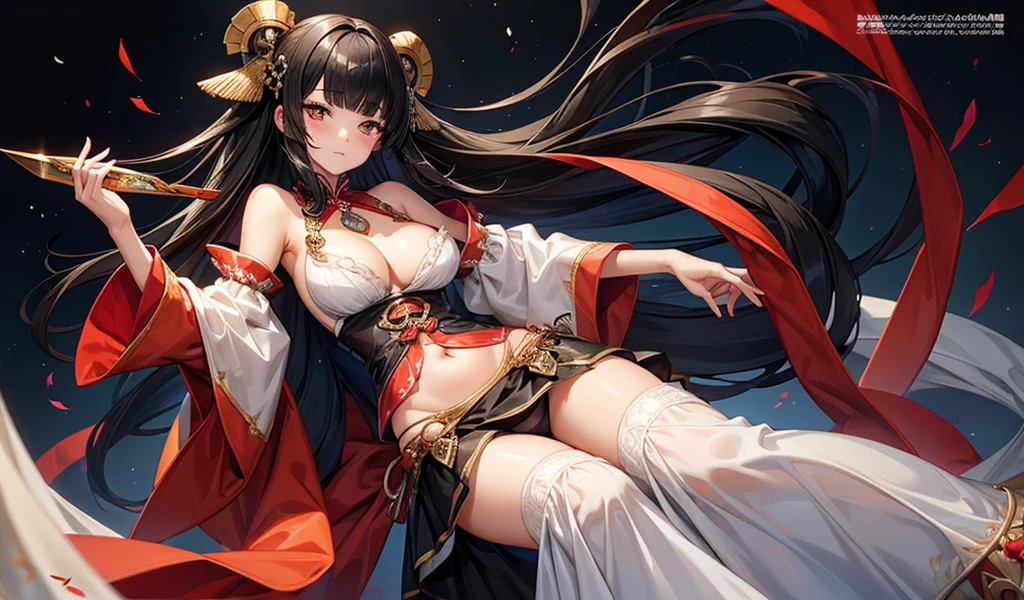 Beautiful girl with black hair and smooth bangs,hairpin,flat chest,cleavage,Thong,imperial concubine clothing,Large sleeves,Long skirt,