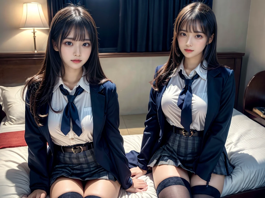 (8K, Raw photography, top-quality, masterpiece:1.2), master piece, best quality, illustration, Super detailed, fine details, High resolution, 8K,wall paper, perfect dynamic composition,(Details High quality, realistic depiction of eyes:1.3), ((2 girls, 2 schoolgirls)), The background is a luxury hotel room、High school girl uniform、blazer 、Super Short Check Uniform Skirt、Navy blue high socks、garterbelts、Colossal 、Disturbed uniform, Play with each other,Touching each other's bodies,Touching the body of the girl next door, short bob hair, black hair color, huge breag Natural Color Lip, bold sexy pose, rfect body shape), crying a little、Beautiful makeup,glitter makeup,Cutest 18 years old, beautiful legs, hposing Gravure Idol, Voluptuous thighs