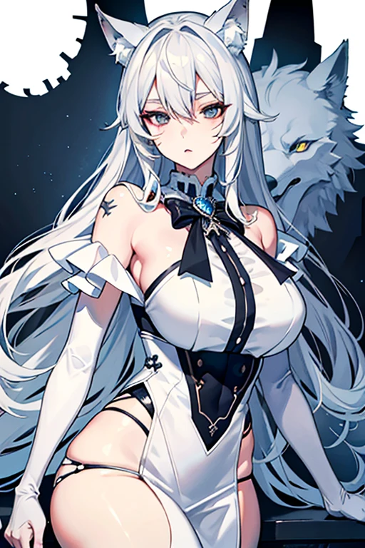 best qualtiy，tmasterpiece，The is very detailed，4K，Gray hair and shallow eyes，Drag cool expressions，Wolf ears，Erect scar on the left eye，British style，1girl，Absolutely beautiful, big bust, white costume