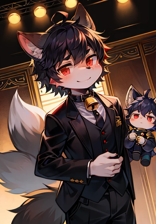 stage，short hair，Black Hair，Red eyes，Masks，ahoge，Bell，hairy，Wolf ears，Smile，No spots，Cub，Wolf ears、Wolf Type，Big fluffy tail，masterpiece，High-quality portraits，doll，Cub、Werewolf Boy、wind，Black suit，Black trousers，Super cute face