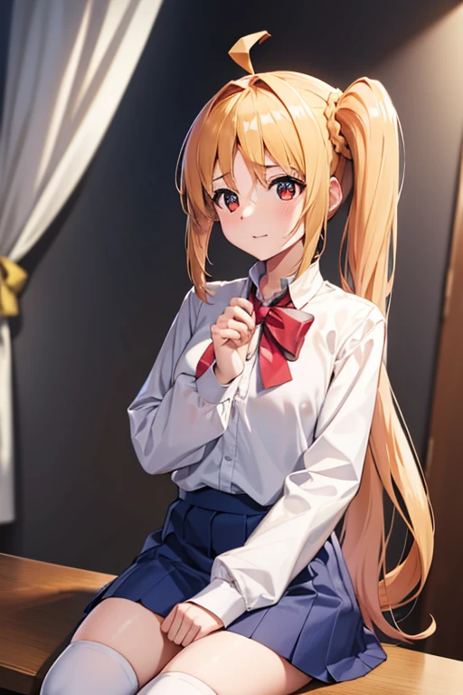 (Tabletop), highest quality, High resolution, 4K, One Girl, alone, Nice hands, 1 in, Side Ponytail, Long Hair, Ahoge, White shirt, , Blue Skirt, Long sleeve, Red Bow, White socks,