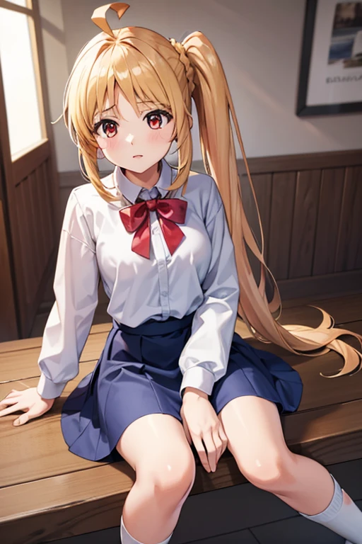 (Tabletop), highest quality, High resolution, 4K, One Girl, alone, Nice hands, 1 in, Side Ponytail, Long Hair, Ahoge, White shirt, , Blue Skirt, Long sleeve, Red Bow, White socks,