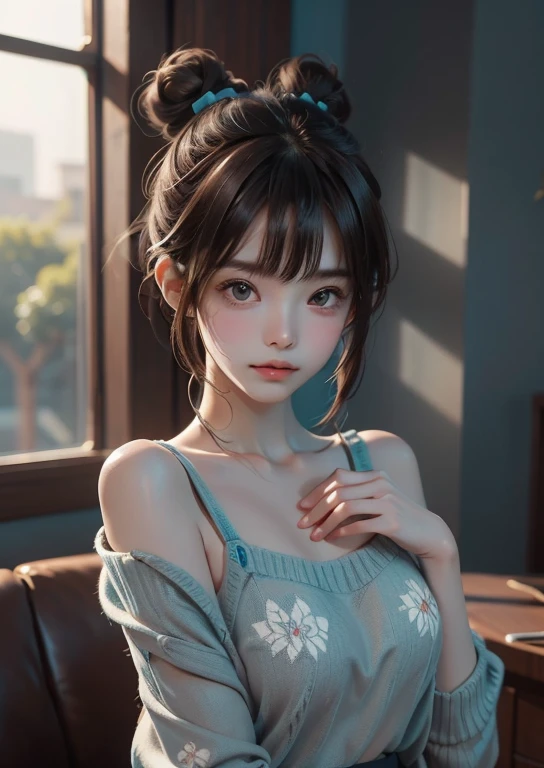 (((Upper body shot,Close-up photo)))、(((Shoulder-length brown straight hair,With bangs,Bun hairstyle)))、(((Against a light interior background.)))、(((Turquoise Summer Sweater)))、very cute、18 year old girl、Light eye makeup、Shiny, Ultra-realistic faces、Subtle lighting effects、 Ultra-realistic capture、Very detailed、High resolution 16K、Skin texture must be natural、skin health、Uniform tone、Use natural light and color、D cup breasts、There are dots on the chest、 High-quality photos taken by model agencies、angry