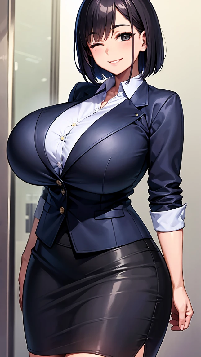 (high resolution), 1girl, woman, mature female, housewife, milf, 40 years old, (curvy woman:1.4), (smile:1.6), (evil grin, light smile:0.5), one eye closed, right eye closed, (shiny skin, glistening skin, high gloss skin:1), (business suit、skirt suit:1.5),  ????????????, (????????????????:1.2), solo, black hair, middle hair, bob cut, black eyes, looking at viewer, office,