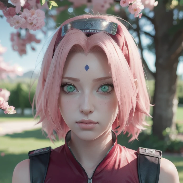 young woman, pale skin, short bubblegum pink hair, wide forehead, emerald green eyes, buttoned nose, peach lips, heart-shaped face, slender, red clothes, Sakura Haruno, 3d, realism, angelic face, maya in net
