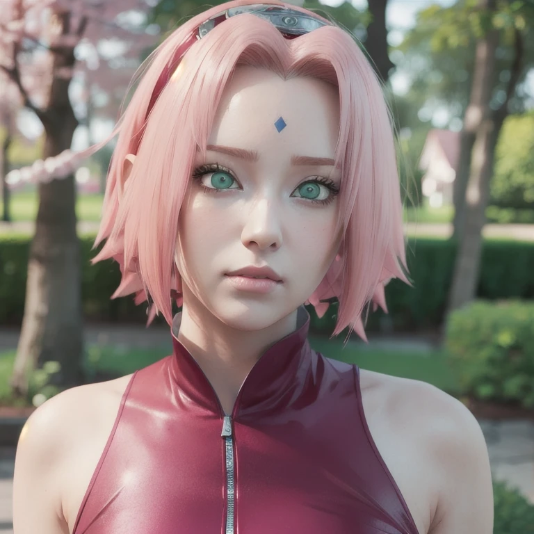 young woman, pale skin, short bubblegum pink hair, wide forehead, emerald green eyes, buttoned nose, peach lips, heart-shaped face, slender, red clothes, Sakura Haruno, 3d, realism, angelic face, maya in net
