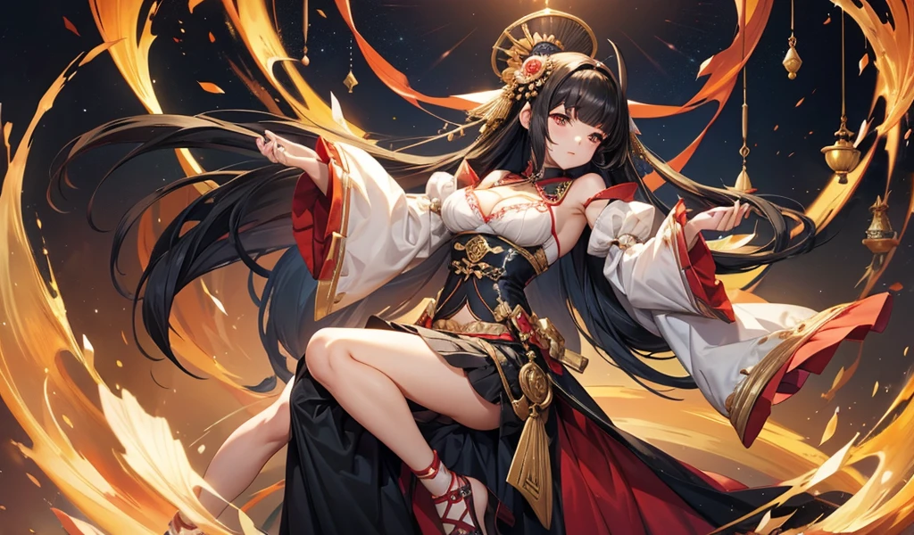 Beautiful girl with black hair and smooth bangs，hairpin，flat chest，cleavage，Thong，imperial concubine clothing，Large sleeves，Long skirt，
