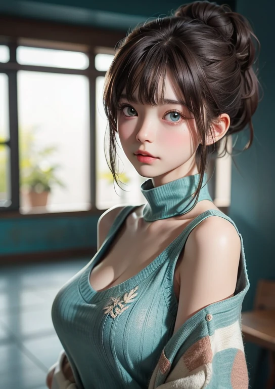 (((Upper body shot,Close-up photo)))、(((Shoulder-length brown straight hair,With bangs,Bun hairstyle)))、(((Against a light interior background.)))、(((Turquoise Summer Sweater)))、very cute、18 year old girl、Light eye makeup、Shiny, Ultra-realistic faces、Subtle lighting effects、 Ultra-realistic capture、Very detailed、High resolution 16K、Skin texture must be natural、skin health、Uniform tone、Use natural light and color、D cup breasts、There are dots on the chest、 High-quality photos taken by model agencies、angry