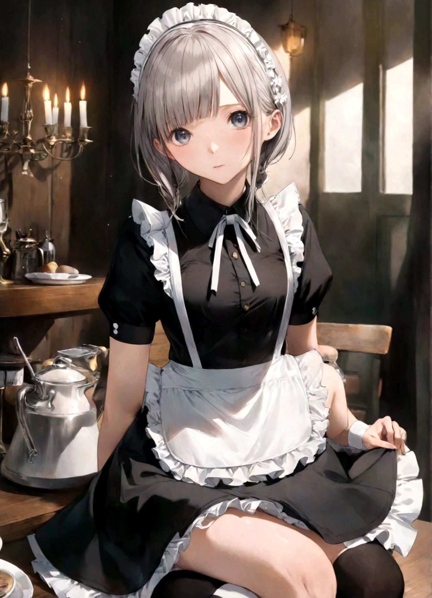 Magazine cover(masterpiece, best quality:1.2),Maid,(((The eyes are delicate)))Work((Maid衣服))Socks,(8K)(HD)