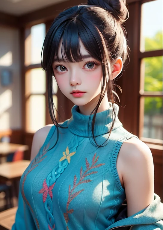 (((Upper body shot，Close-up photo)))、(((Shoulder-length brown straight hair，With bangs，Bun hairstyle)))、(((Against a light interior background.)))、(((Turquoise Summer Sweater)))、very cute、18 year old girl、Light eye makeup、Shiny, Ultra-realistic faces、Subtle lighting effects、 Ultra-realistic capture、Very detailed、High resolution 16K、Skin texture must be natural、skin health、Uniform tone、Use natural light and color、D cup breasts、There are dots on the chest、 High-quality photos taken by model agencies、angry