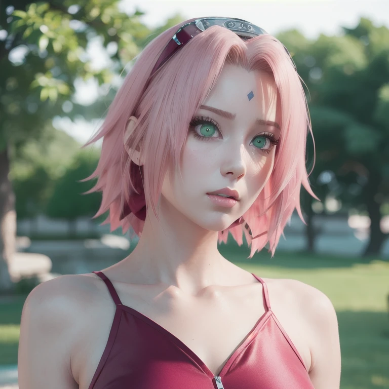 young woman, pale skin, short bubblegum pink hair, wide forehead, emerald green eyes, buttoned nose, peach lips, heart-shaped face, slender, red clothes, Sakura Haruno, 3d, realism, angelic face, maya in net
