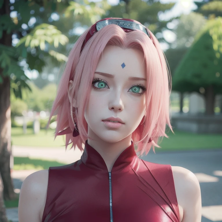 young woman, pale skin, short bubblegum pink hair, wide forehead, emerald green eyes, buttoned nose, peach lips, heart-shaped face, slender, red clothes, Sakura Haruno, 3d, realism, angelic face, maya in net
