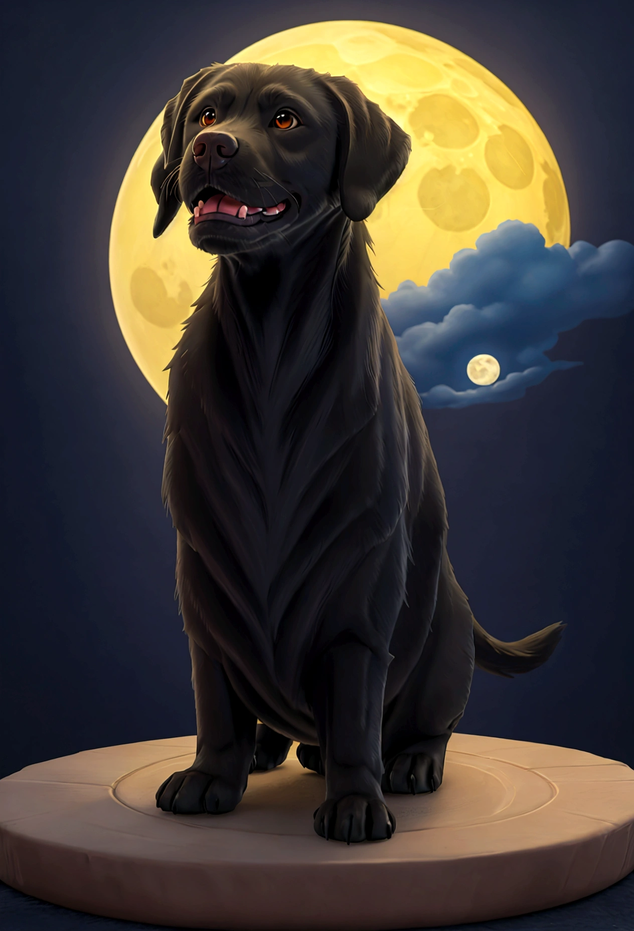 Create an image of an adorable full-grown black Labrador Retriever standing under a bright yellow full moon. The scene should evoke a sense of calm and beauty, highlighting the dog's features and the moon's glow.
