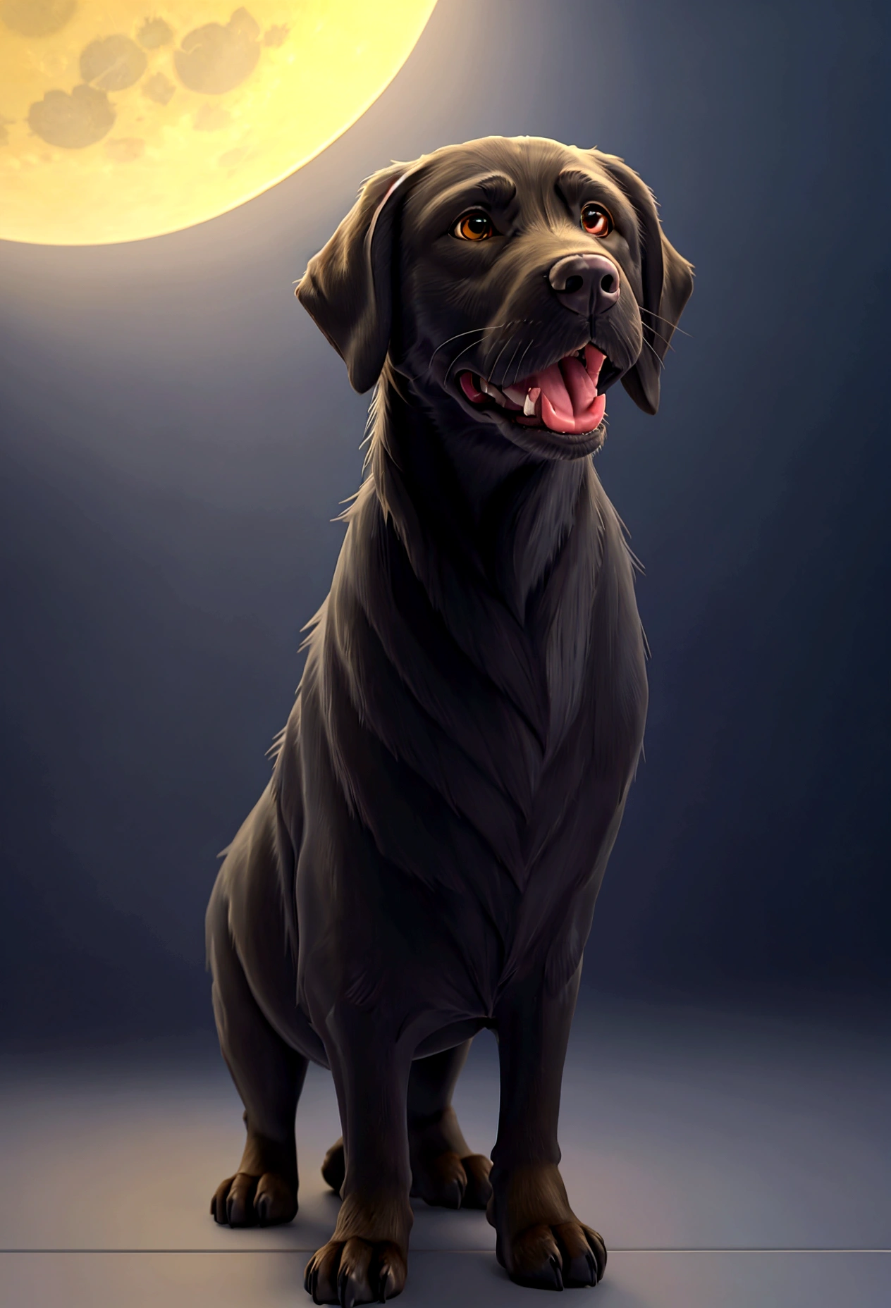 Create an image of an adorable full-grown black Labrador Retriever standing under a bright yellow full moon. The scene should evoke a sense of calm and beauty, highlighting the dog's features and the moon's glow.
