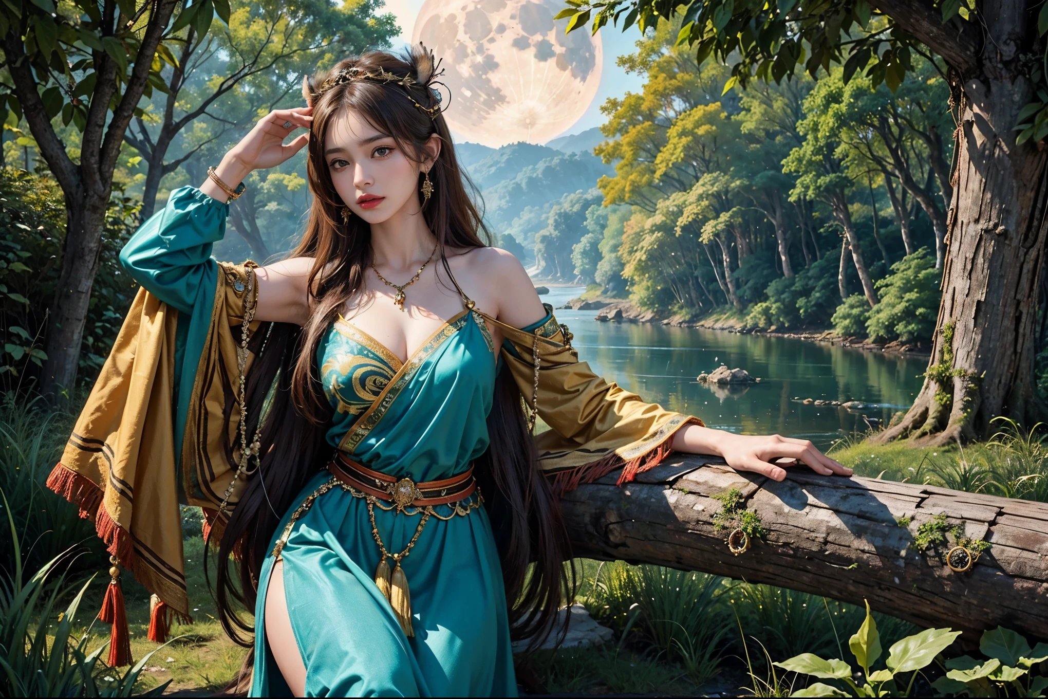 High quality, high resolution, HDR, fantasy world view, perfect and detailed poster. A realistic photo of a beautiful woman captured in detail. She is wearing tiger fur as clothing, a large peacock feather headpiece as a hair ornament, sitting on the trunk of a large tree and looking at the camera. She has deep red lipstick and is very wild. It fully shows the charm of an Amazonian woman, blending with nature and standing out. The background is a night view, and the light of the moon and river in the wilderness of the forest is depicted very fantastically.