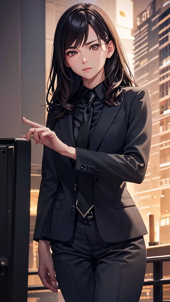 a beautiful clever girl, 20 years old, long wavy dark hair, confident office boss, genius, leader girl, independent, priceless, charismatic, sleek black suit, white shirt, black tie, expensive suit and shirt, sharp gaze, cool and calm, elegant ruler of office, office skyline, (best quality,4k,8k,highres,masterpiece:1.2),ultra-detailed,(realistic,photorealistic,photo-realistic:1.37),HDR,UHD,studio lighting,ultra-fine painting,sharp focus,physically-based rendering,extreme detail description,professional,vivid colors,bokeh,portraits