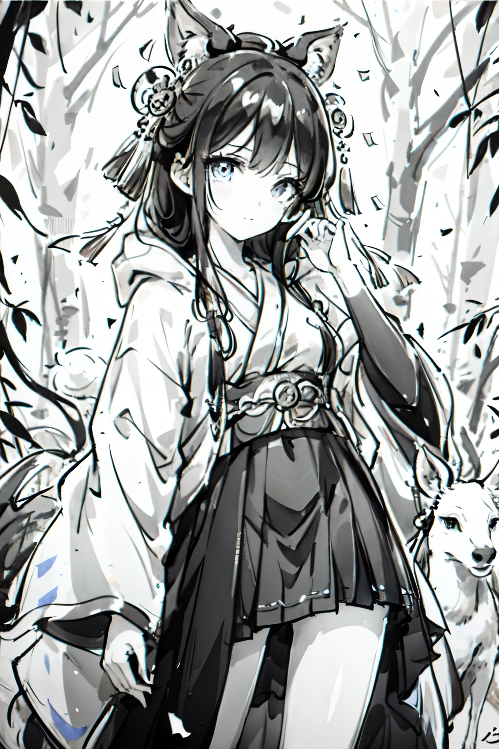 ((highest quality)), ((masterpiece)), (detailed), Monochrome、Black and White、One girl,Tall girls、Shrine maiden、hoodie、mini skirt、Wearing a hood、Patterned hood、Deer horn、Bob Hair、blue eyes、Eyes without highlights、Hanging eyes、Bamboo shoots in mouth、Beautiful Face、Black Hair、Hair ornament made of strips、Tanzaku corner decoration、Black Arm、Confetti、Tanabata decoration、forest、night、Cowboy Shot、front