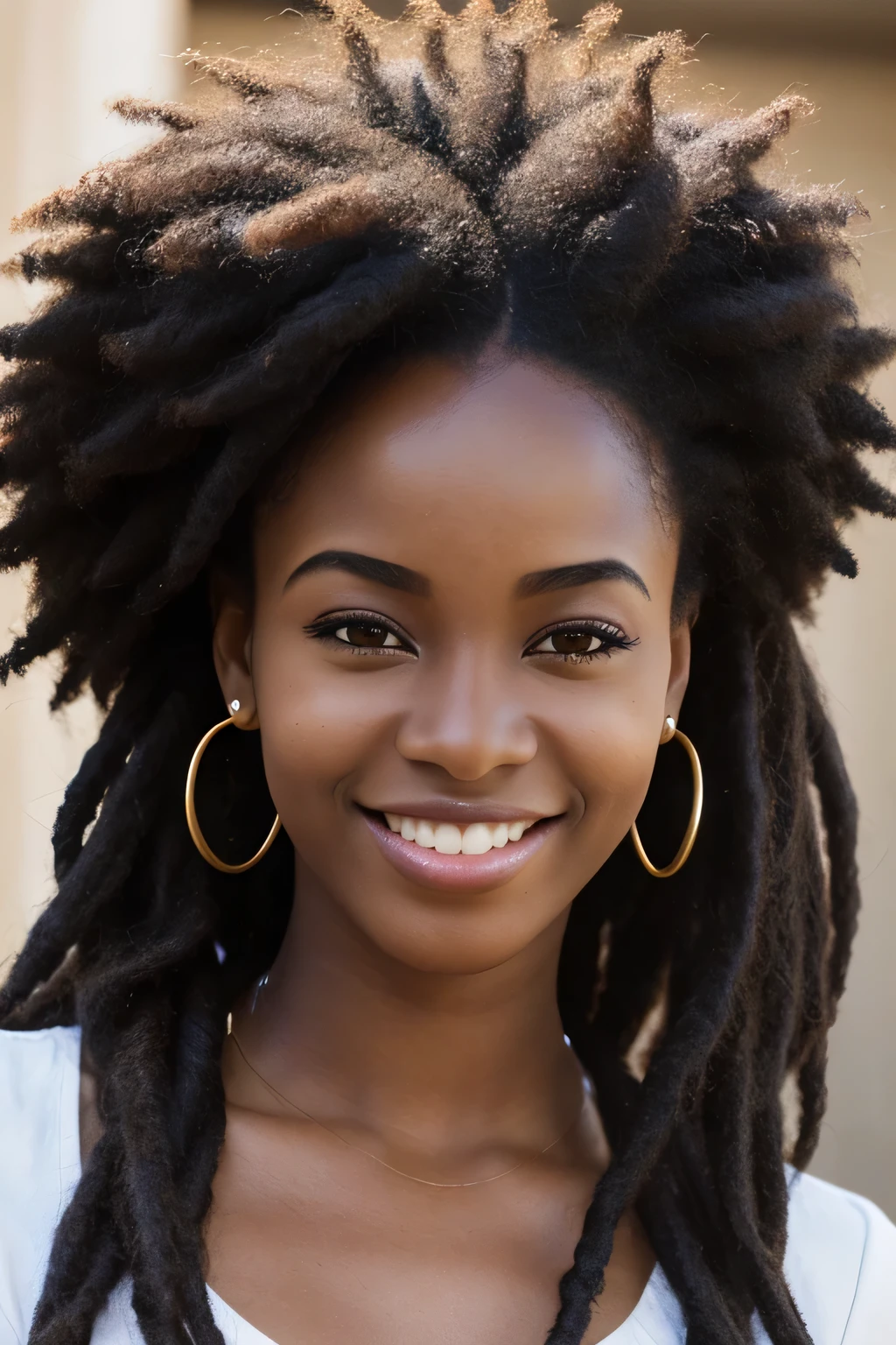 20A beautiful young woman、 (African woman, Black Hair、 An athletic body, Average size, Brown eyes, Skin beauty: 1.3), Dreadlocks、Ear piercing、blouse、smile, Beautiful teeth alignment、Intricate details, Very detailed:1.2), 、 Looking at the camera,Afro Hair、Afro Hair
