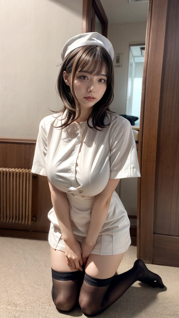 muste piece, best quality, illustration, Super detailed, fine details, High resolution, 8K,wall paper, perfect dynamic composition,(Details High quality, realistic depiction of eyes:1.3), Hospital Rooms、White nurse cap、White tights、White nurse uniform、kneeling、Hand skirt、Flipping up a white skirt, large breasts,short bob hair, black hair color, Big Natural Color Lip, bold sexy pose, crying a little、20 year old girl、cute type、beautiful legs, hposing Gravure Idol