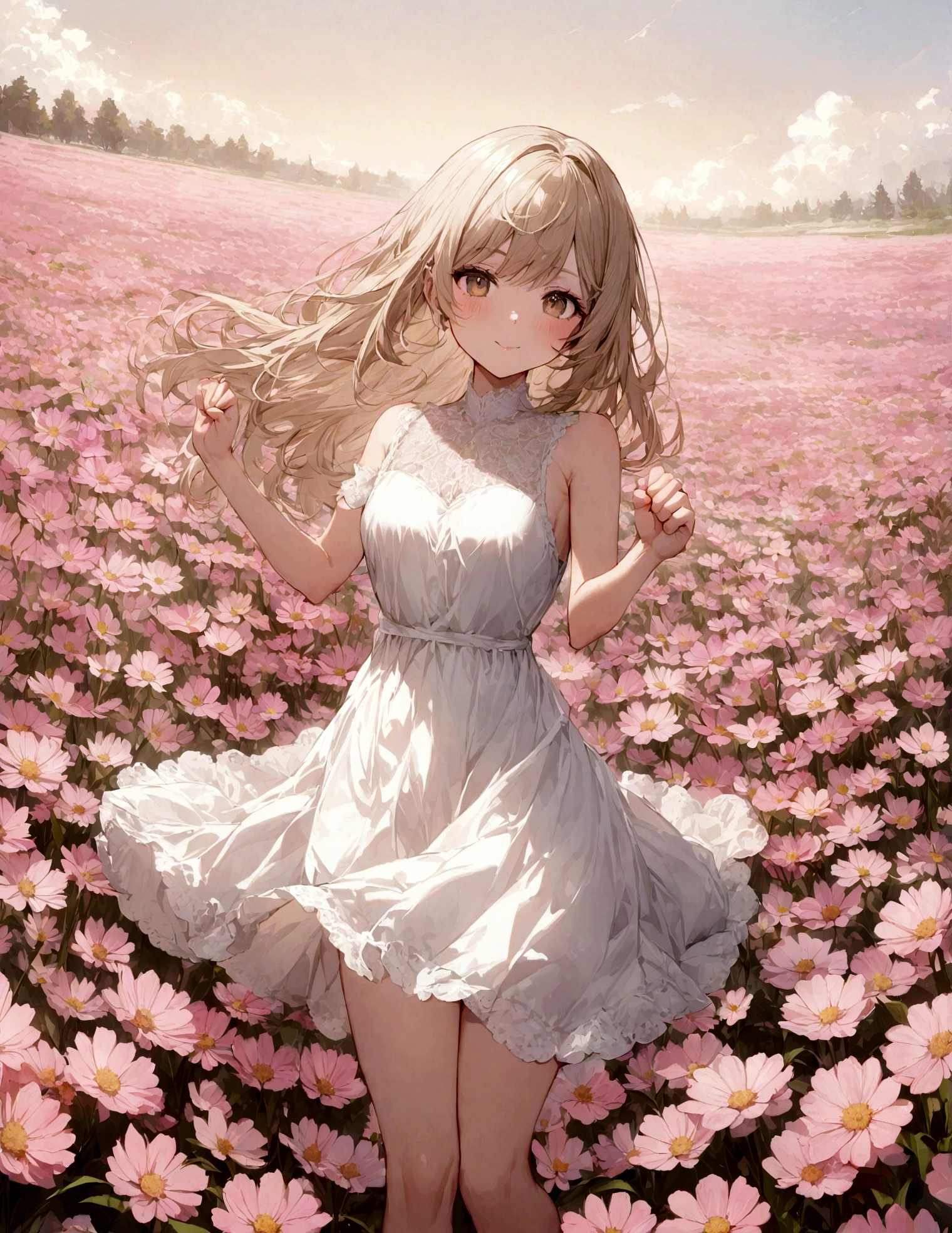 A girl with long, straight beige hair in a white dress making a one-handed fist pump The background is a pink flower field