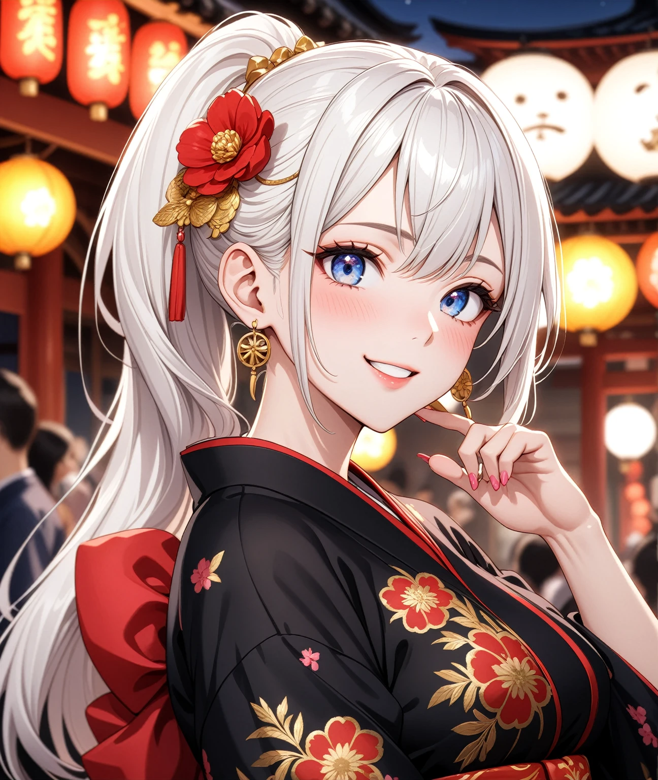((one personの女性)), Beautiful Face,Laughing embarrassedly,Laughing with your mouth open,Bright red cheeks,Glossy pink lips,night,Shrine festival s高いs,((Anime style background)),masterpiece, highest quality, so beautiful, Latest, Complex details, (Pink long nails),AI-generated, Complex,High resolution, highest quality, super high quality,3D Images、View your viewers、3D Images,one person,Long white hair,High Ponytail,blue eyes,Anime woman posing for a photo, ((Fine grain、Colorful eyes、Shining Eyes:1.0)),(Squint your eyes:1.1),a hyperRealistic , hyperRealistic , Realistic,Anime woman with long and white hair, Smooth anime CG art, A woman in a colorful kimono with gold embroidery, (Black kimono),Red floral pattern,Long flower hair ornament,Big earrings,,Mature Body,(Big Breasts:1.0)Tall,Big Ass,Fine details,Narrow waist,(Face close-up:1.5),Bevel the background