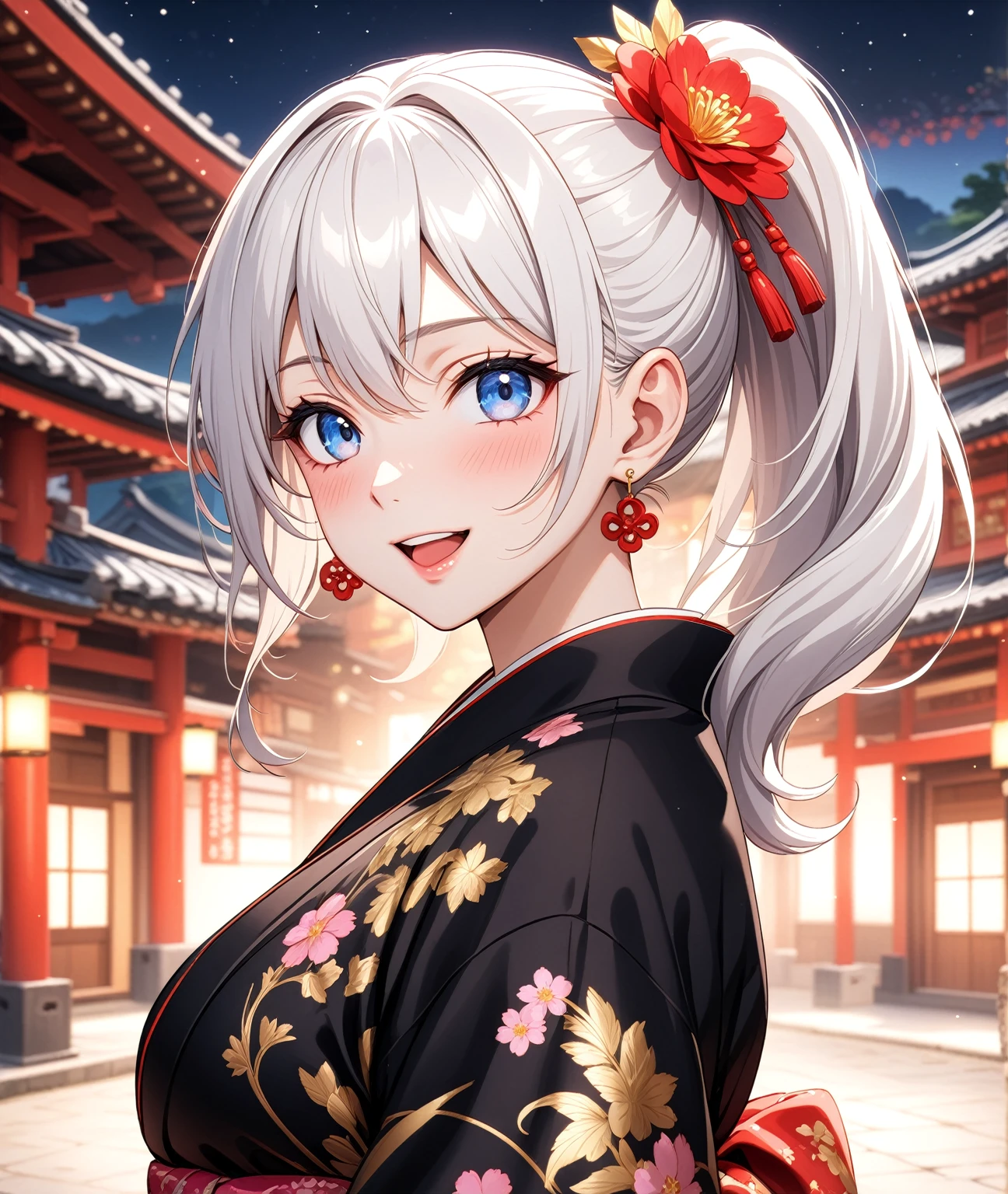 ((one personの女性)), Beautiful Face,Laughing embarrassedly,Laughing with your mouth open,Bright red cheeks,Glossy pink lips,night,Shrine festival s高いs,((Anime style background)),masterpiece, highest quality, so beautiful, Latest, Complex details, (Pink long nails),AI-generated, Complex,High resolution, highest quality, super high quality,3D Images、View your viewers、3D Images,one person,Long white hair,High Ponytail,blue eyes,Anime woman posing for a photo, ((Fine grain、Colorful eyes、Shining Eyes:1.0)),(Squint your eyes:1.1),a hyperRealistic , hyperRealistic , Realistic,Anime woman with long and white hair, Smooth anime CG art, A woman in a colorful kimono with gold embroidery, (Black kimono),Red floral pattern,Long flower hair ornament,Big earrings,,Mature Body,(Big Breasts:1.0)Tall,Big Ass,Fine details,Narrow waist,(Face close-up:1.5),Bevel the background