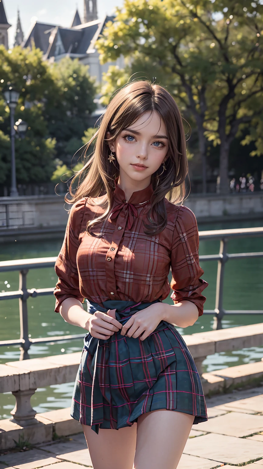 Claude Monet((Claude Monet))、Argenteuil riverside promenade、White woman、Wearing a red tartan mini skirt、Wearing a floral blouse、Silver Hair、blue eyes、Straight long hair_Hair reaching down to the waist、A shy smile