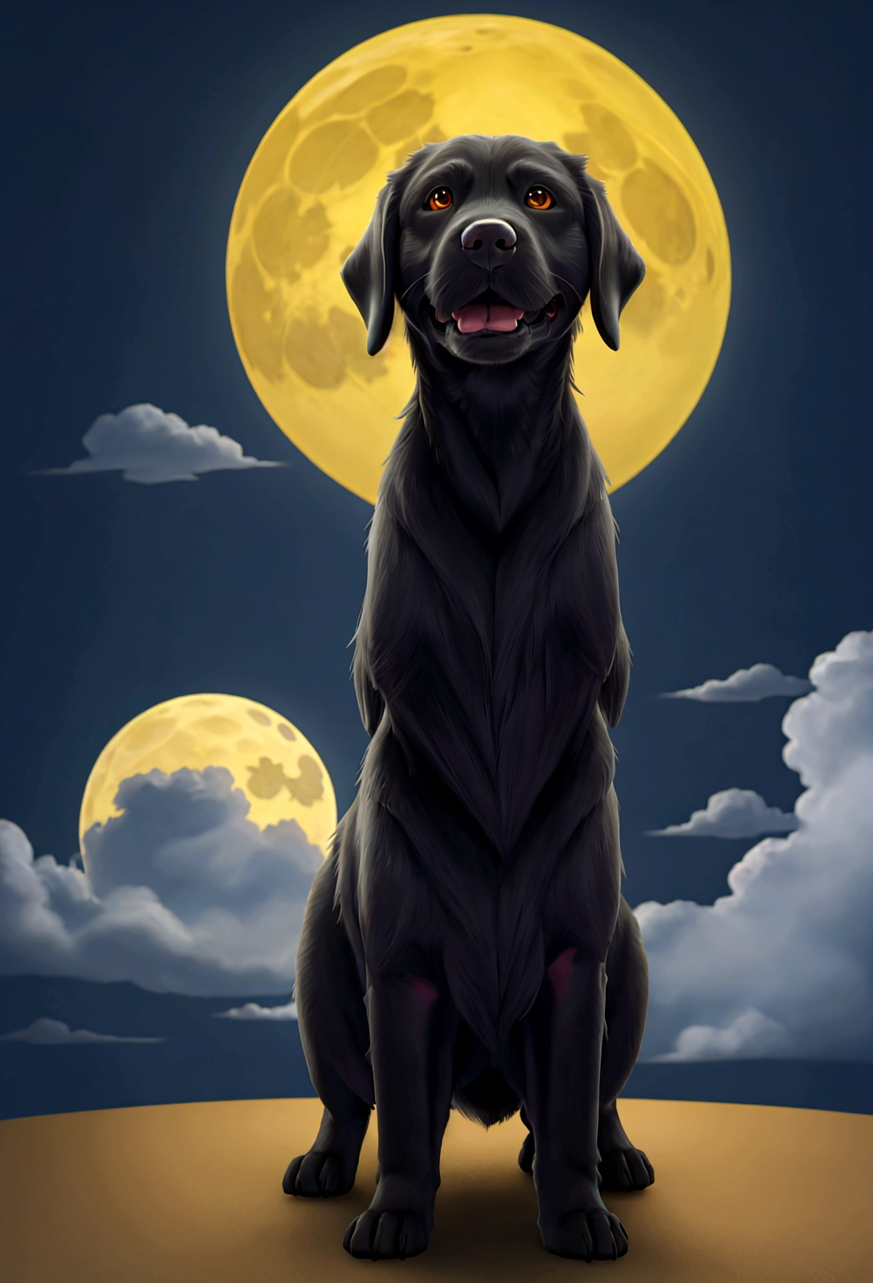 Create an image of an adorable full-grown black Labrador Retriever standing under a bright yellow full moon. The scene should evoke a sense of calm and beauty, highlighting the dog's features and the moon's glow.