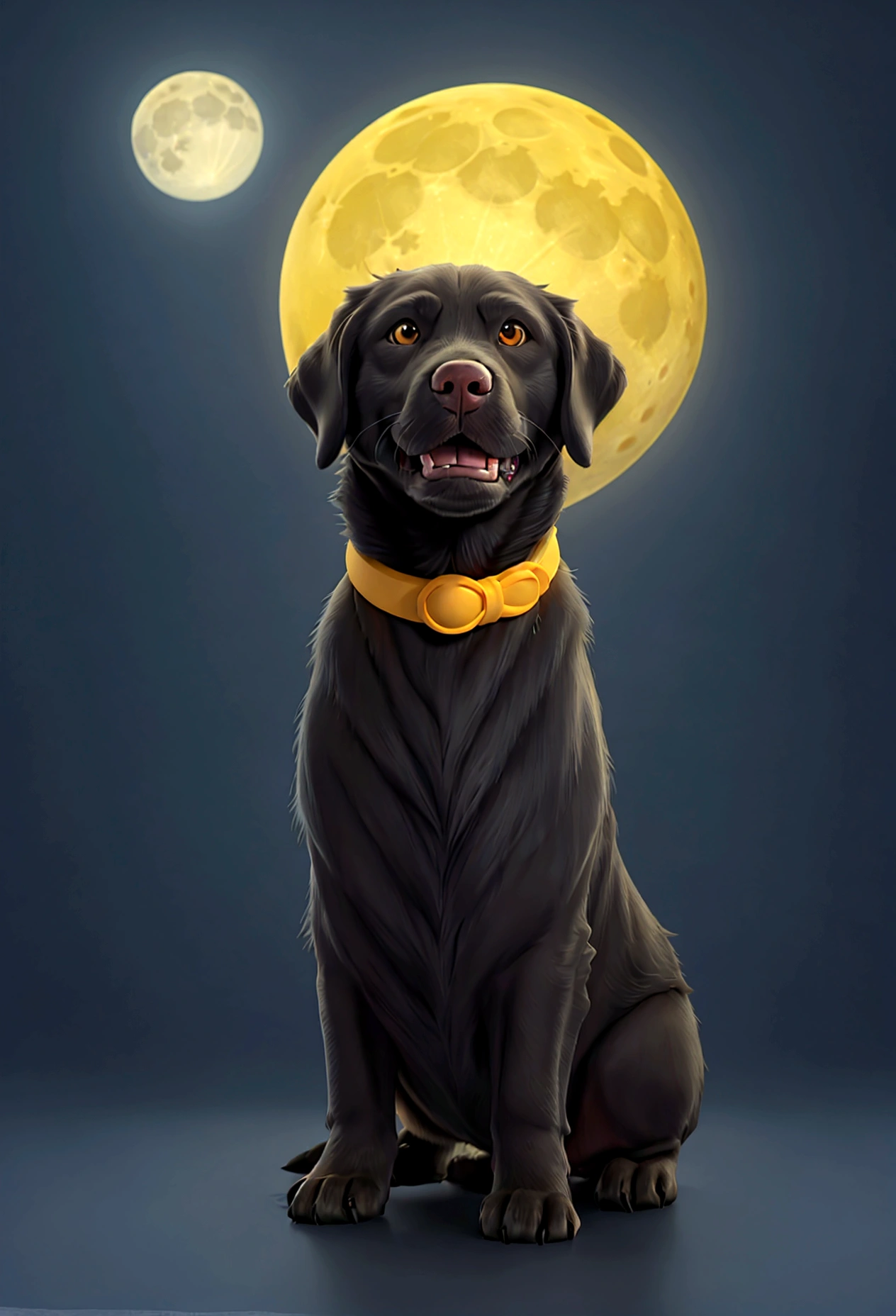 Create an image of an adorable full-grown black Labrador Retriever standing under a bright yellow full moon. The scene should evoke a sense of calm and beauty, highlighting the dog's features and the moon's glow.