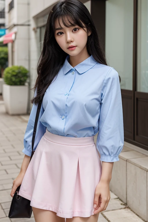 A realistic girl of Korean origin with black hair that reaches her waist and sky blue eyes. She also wears pink clothes with slightly puffed sleeves and a short white skirt.