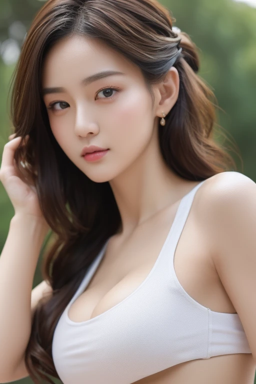 ((highest quality, 8k, masterpiece :1.3)), Two Girls, Beautiful woman with slim abdominal muscles :1.3, (Random Hairstyles, Huge breasts :1.2), Casual clothing :1.2, Outdoor, Highly detailed face, Fine grain, double eyelid