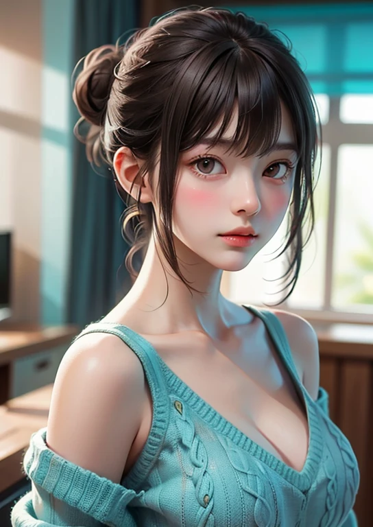 (((Upper body shot,Close-up photo)))、(((Shoulder-length brown straight hair,With bangs,Bun hairstyle)))、(((Against a light interior background)))、(((Turquoise Summer Sweater)))、18 year old girl、Light eye makeup、Ultra-realistic faces、Subtle lighting effects、High resolution 16K、Skin texture must be natural、Use natural light and color、D cup breasts、Dot protrusion on chest、 High-quality photos taken by model agencies、angry.